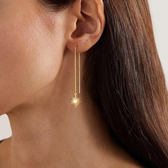 Gold Threader Earrings Women 14K Dangle Long Chain Drop Jewelry Gift - Picture 2 of 8